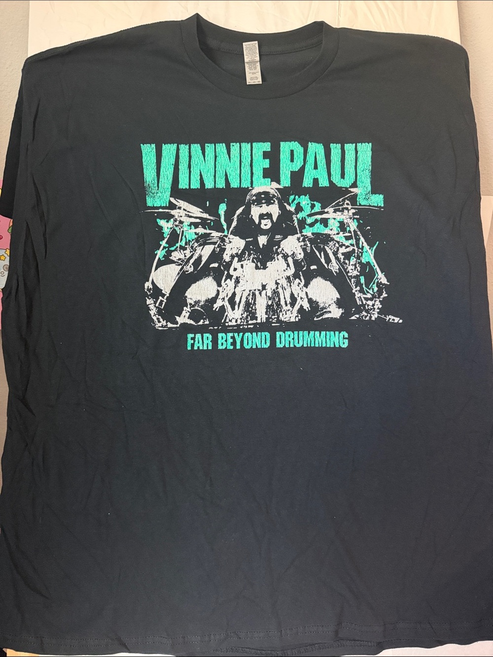 Gildan Black Tee with Teal and White Vinnie Paul Graphic